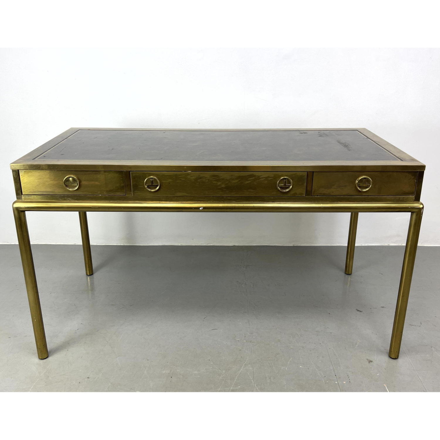 Appraisal: MASTERCRAFT Modernist Writing Desk Brass Tube Frame and Legs Unmarked