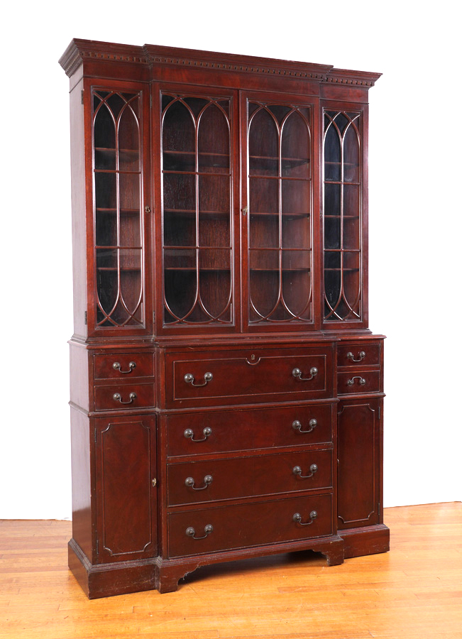 Appraisal: MAHOGANY BLOCK FRONT BREAKFRONT CABINET Stepped cornice over dentil molding