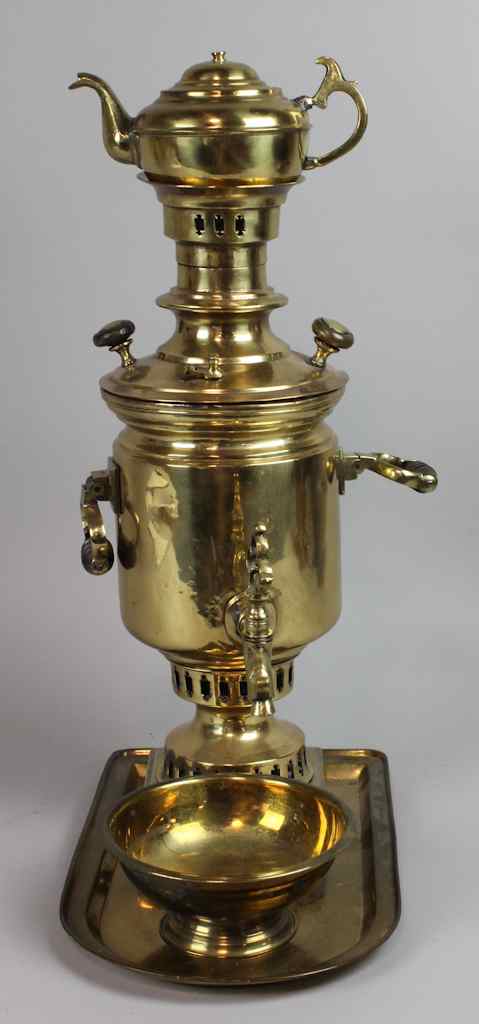 Appraisal: RUSSIAN BRASS SAMOVAR SET including a teapot urn waste bowl