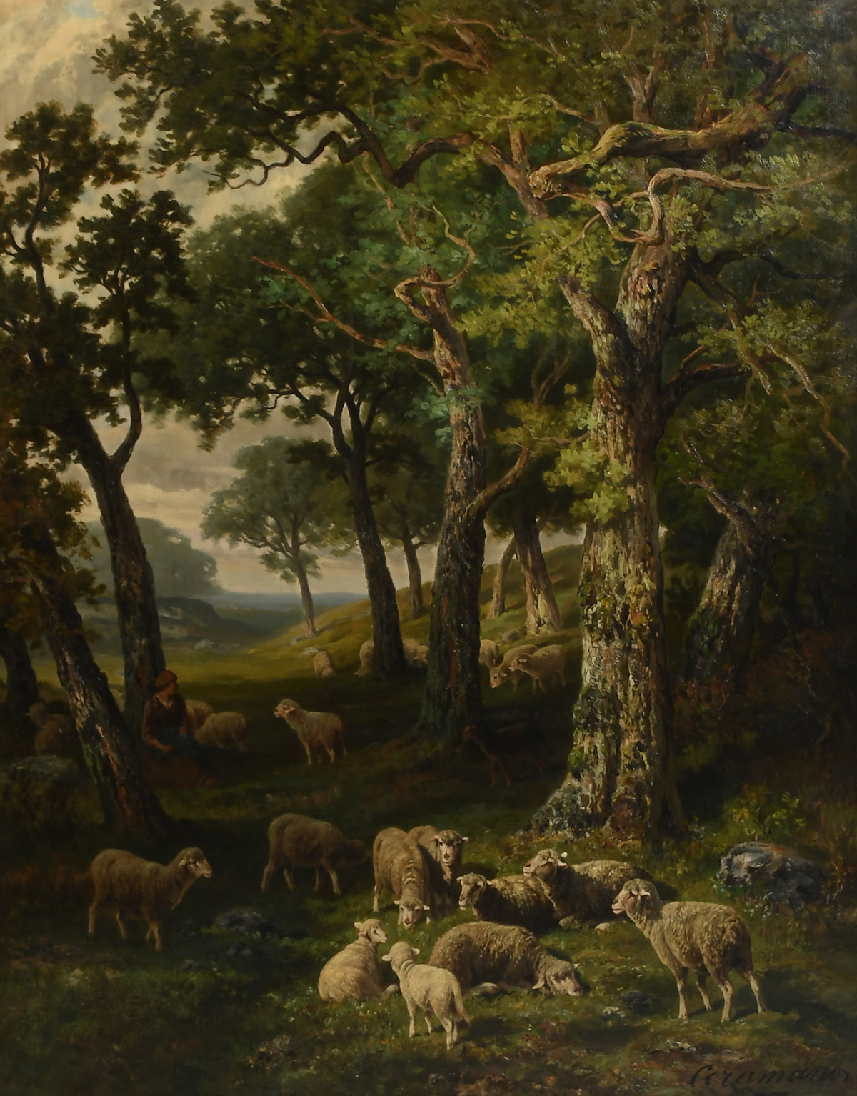 Appraisal: CERAMANO Charles Ferdinand French Belgian - Forest Scene with Flock