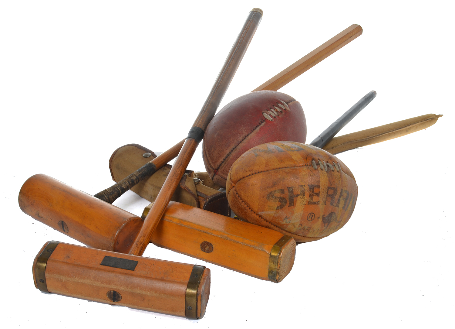 Appraisal: A COLLECTION OF ANTIQUE SPORTING EQUIPMENT INCLUDING FOUR CROQUET MALLETS