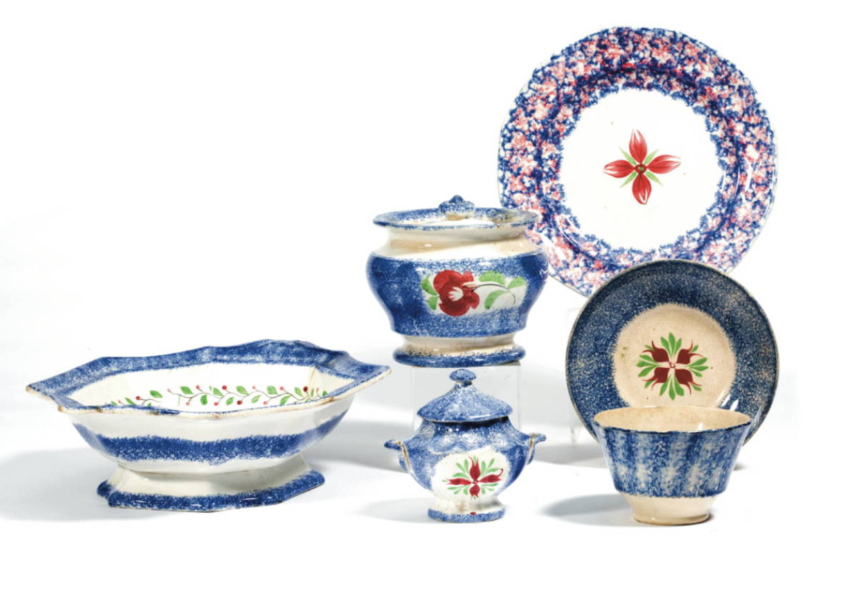 Appraisal: FIVE STAFFORDSHIRE BLUE SPATTERWARE WARES CIRCA Comprising a quot Cluster