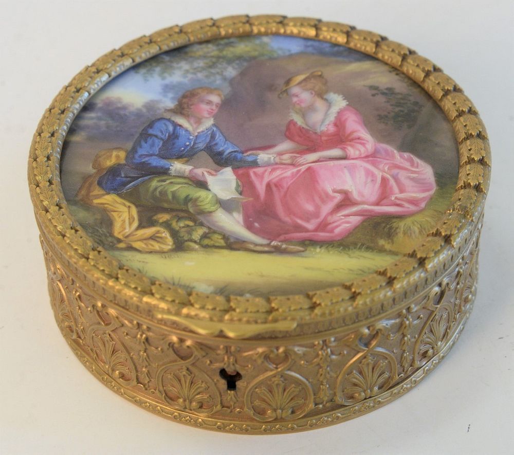 Appraisal: Brass Jewel Box with painted porcelain top height inches diameter