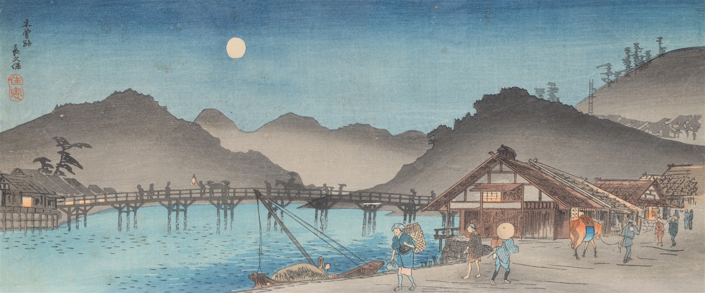 Appraisal: Antique Japanese woodblock print of a river scene by moonlight