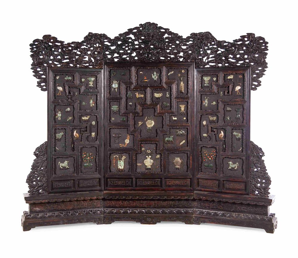 Appraisal: A Large Chinese Export Hardstone Inset Carved Hardwood Screen A