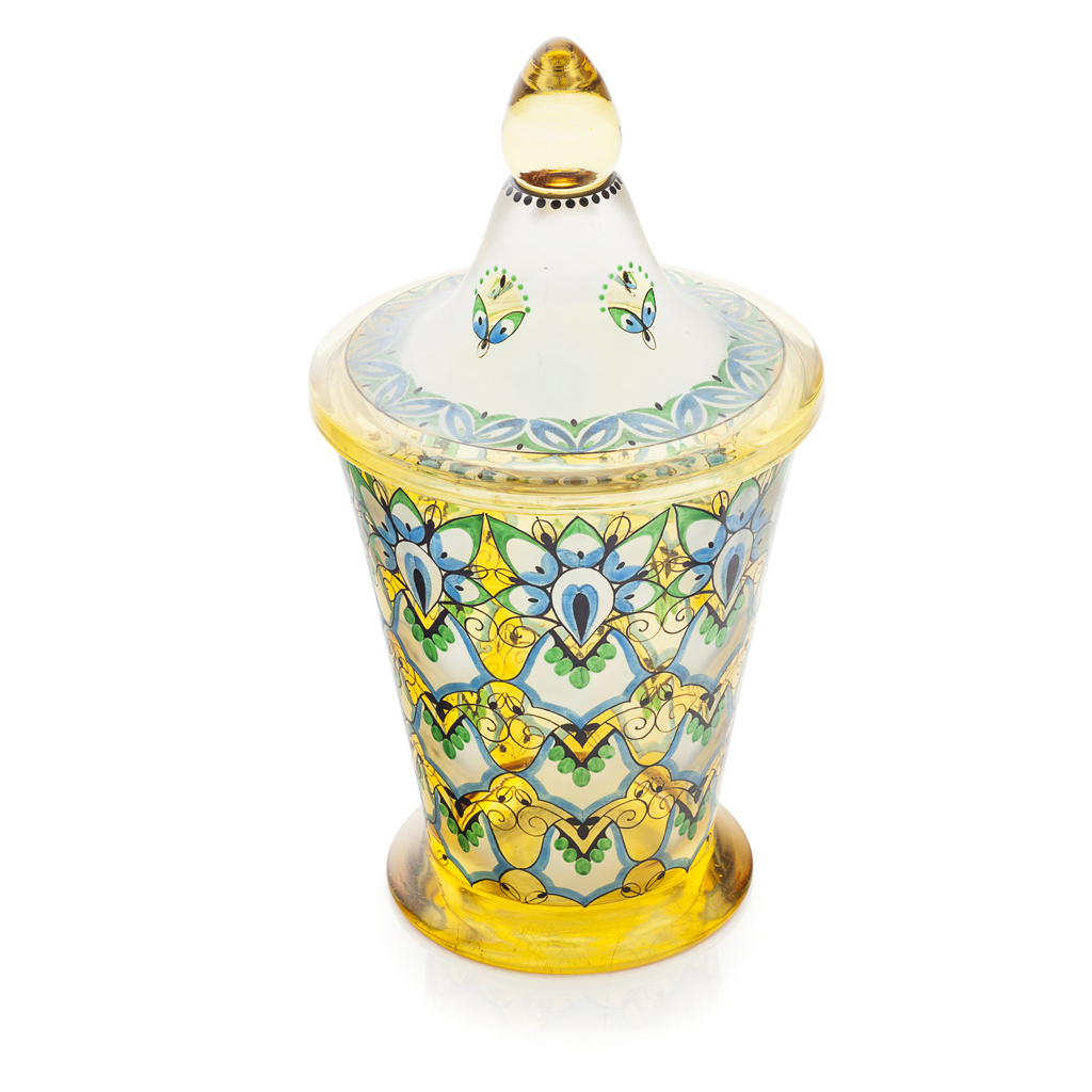 Appraisal: STEINSCH NAU FACHSCHULE ENAMELLED GLASS JAR AND COVER EARLY TH