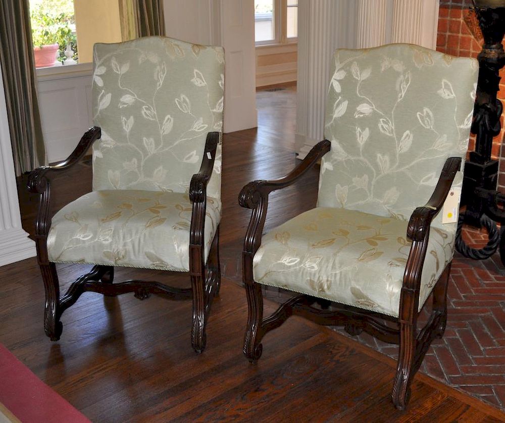 Appraisal: Pair French Baroque Style Open Arm Chairs carved walnut os