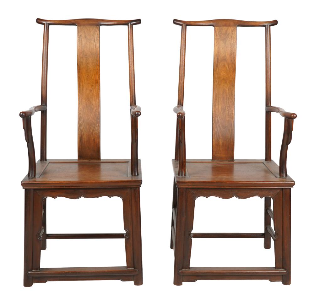 Appraisal: PAIR OF CHINESE HARDWOOD ARMCHAIRSeach with in-curved back splat inches