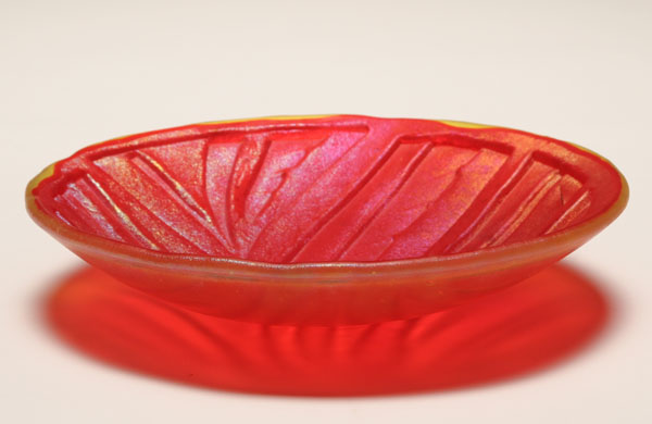 Appraisal: Glenda Taylor orange acid etched iridescent glass dish Molded leaf