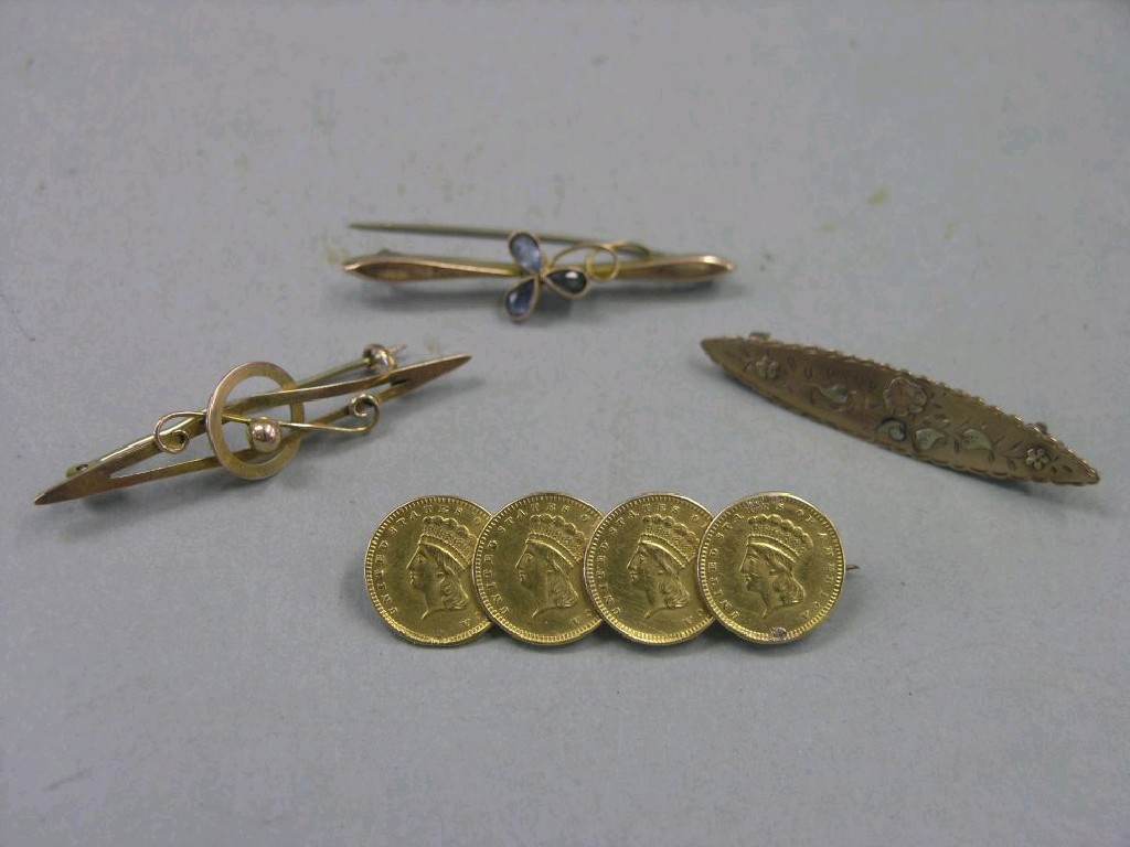 Appraisal: A ct two-colour gold bar brooch two other gold bar