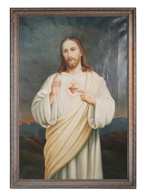 Appraisal: Oil on canvas portrait of the Jesus bearing the Sacred