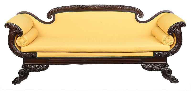 Appraisal: Classical Style Carved Mahogany Upholstered Sofa with cornucopia carved arms