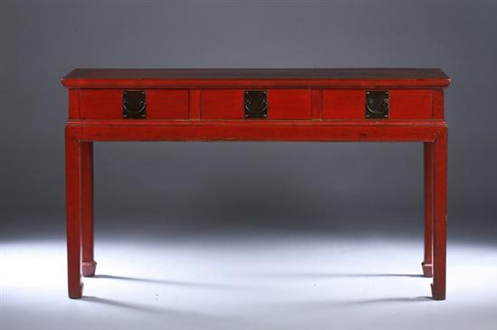 Appraisal: CHINESE RED LACQUERED ELM WOOD TABLE late Qing Dynasty circa