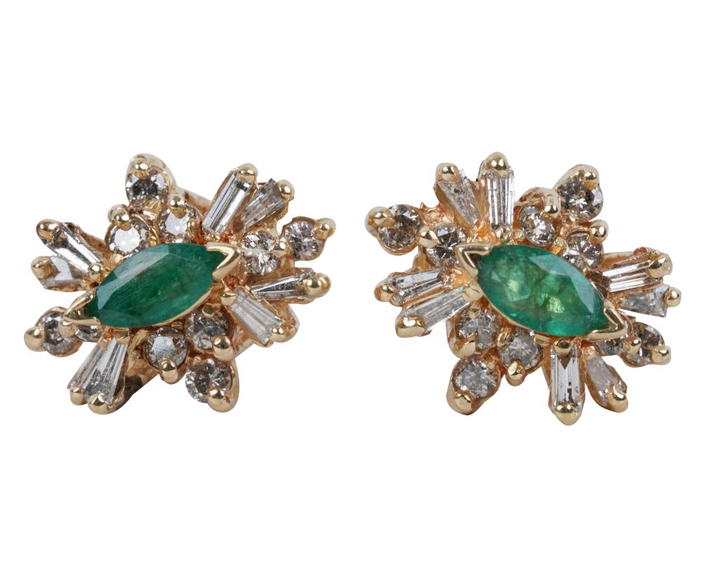 Appraisal: PAIR OF KARAT YELLOW GOLD DIAMOND EMERALD EARRINGScontaining two marquise