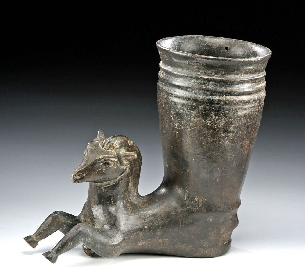 Appraisal: Published Parthian Blackware Rhyton w Horse Handle Near East Parthia