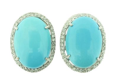 Appraisal: A pair of turquoise and diamond earrings The oval shaped