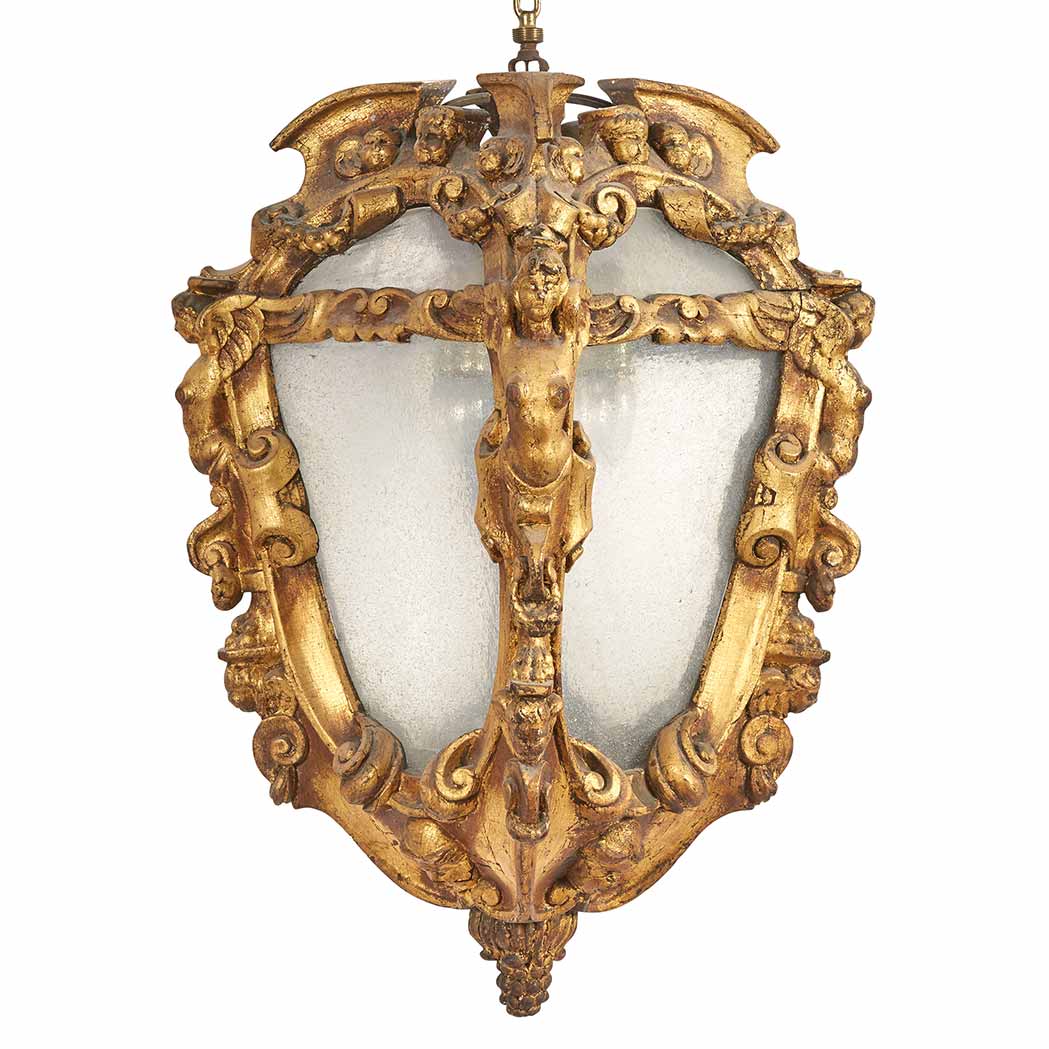 Appraisal: Renaissance Style Giltwood Lantern Of square form the pierced top