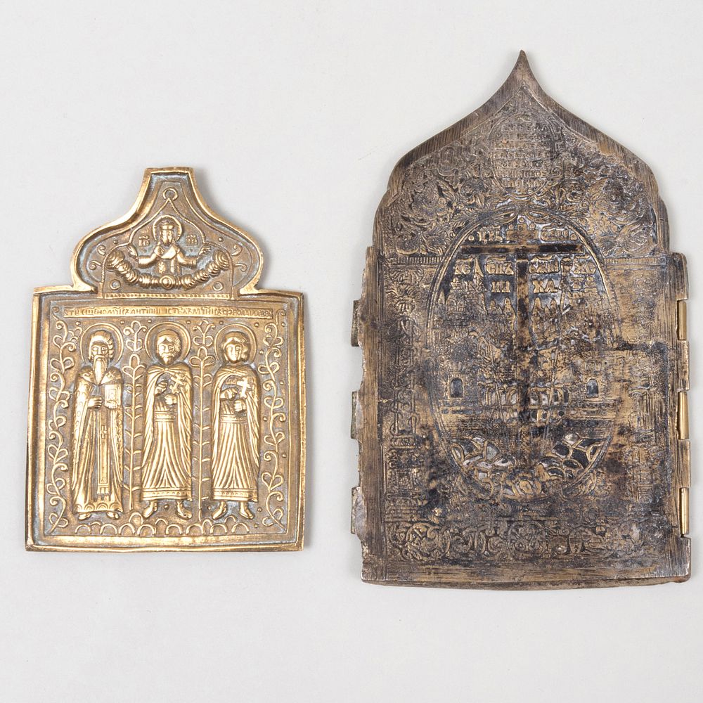 Appraisal: Two Russian Brass and Enamel Icons The first enameled and