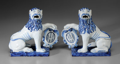 Appraisal: Pair Delft Lions With Shields Dutch th century tin-glazed earthenware