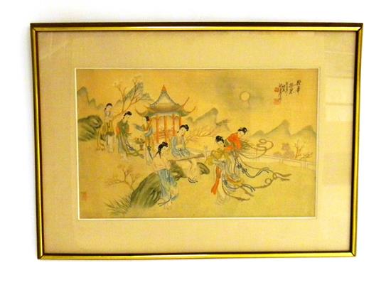 Appraisal: ASIAN watercolor on stiff material possibly scroll depicting seven women