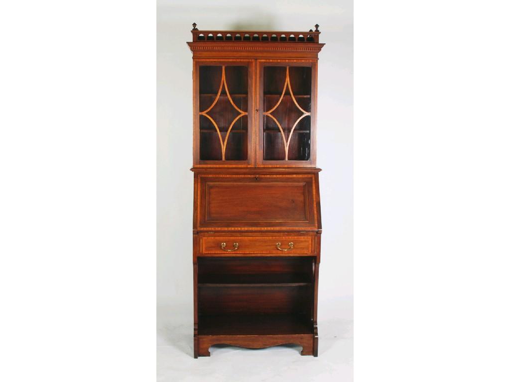 Appraisal: EDWARDIAN MAHOGANY AND SATINWOOD CROSSBANDED BUREAU BOOKCASE the galleried cornice