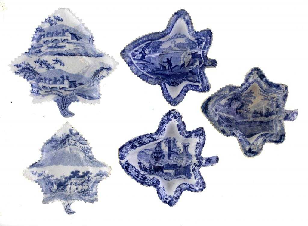 Appraisal: FIVE SPODE AND OTHER BLUE PRINTED EARTHENWARE PICKLE DISHES of