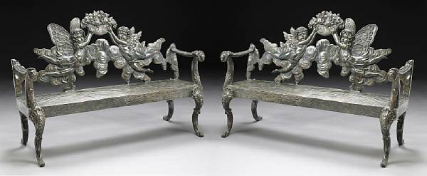 Appraisal: A pair of Belle poque style patinated bronze garden benches