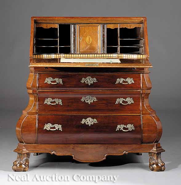 Appraisal: An Antique Dutch Rococo-Style Inlaid Walnut Bomb Bureau the slant