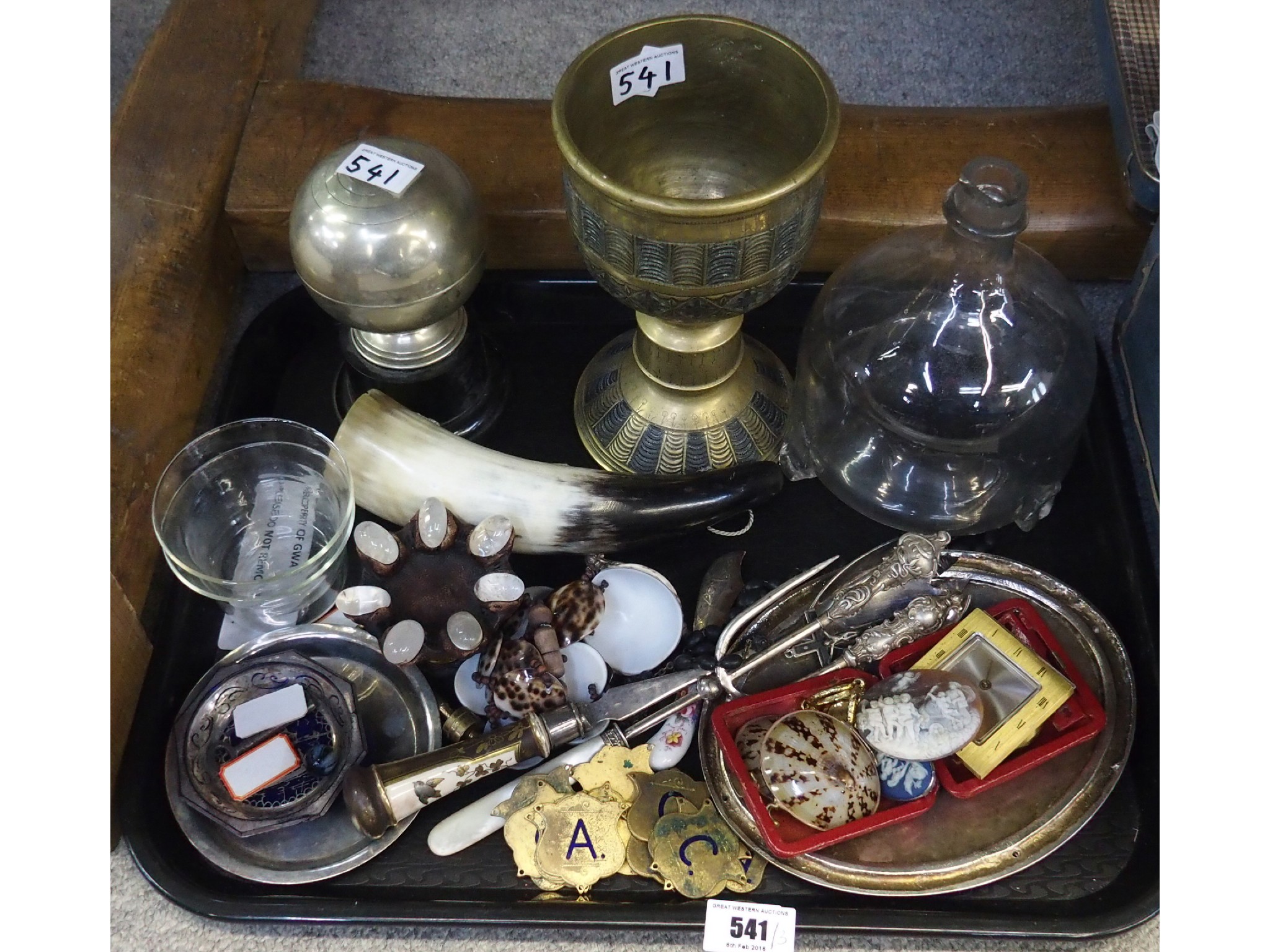 Appraisal: Tray of miscellaneous items including brass chalice bowling trophy travelling