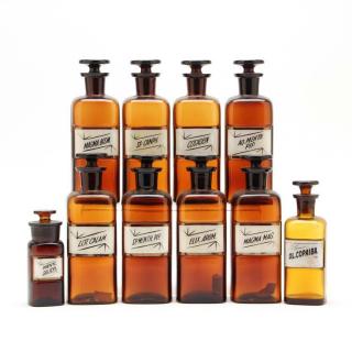 Appraisal: Set of Ten Amber Apothecary Bottles th century rectangular with