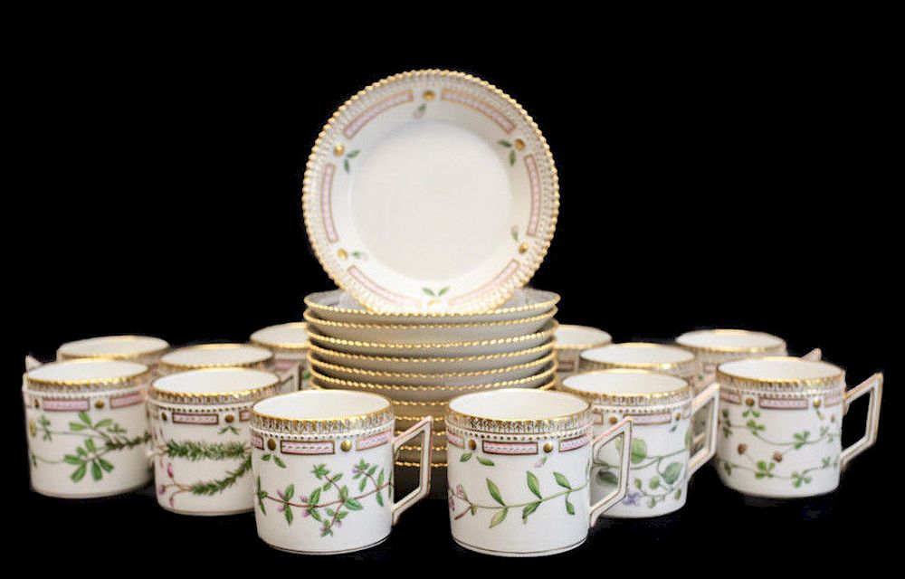 Appraisal: Royal Copenhagen Flora Danica Cups Saucers Royal Copenhagen flat cup