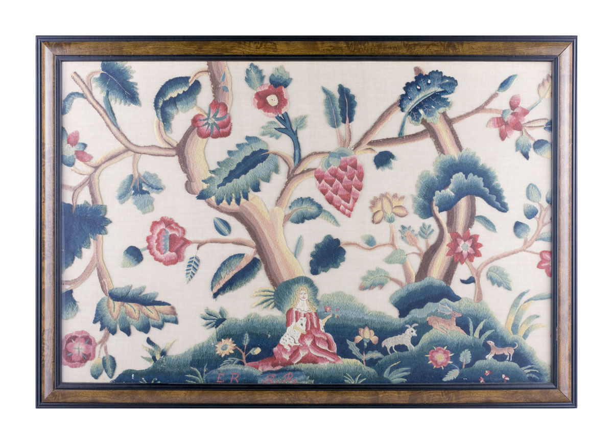 Appraisal: FRAMED NINETEENTH CENTURY CREWEL WORK PANEL OF A FANCIFULLY DRESSED