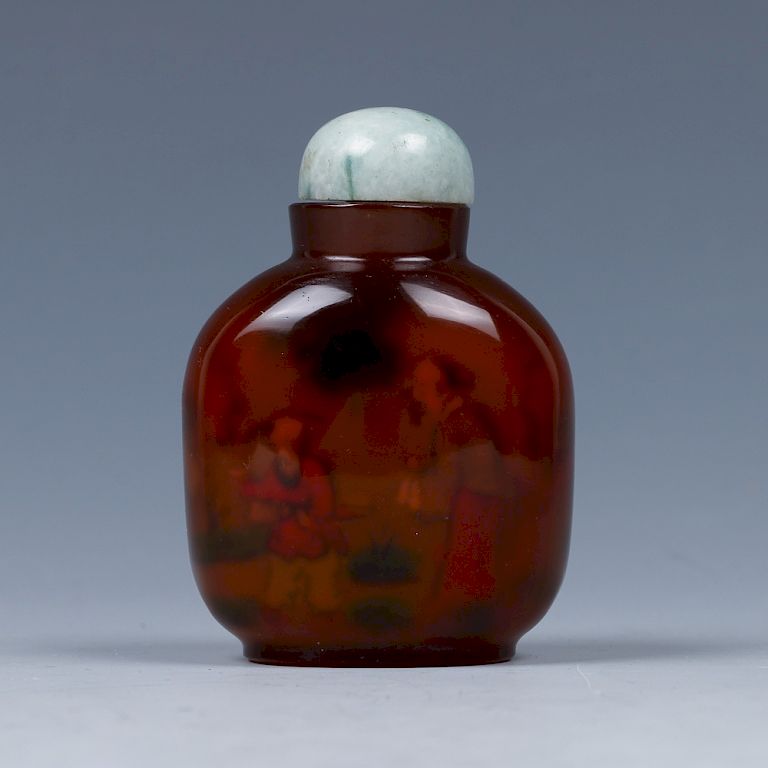 Appraisal: AMBER PEKING GLASS REVERSE PAINTED SNUFF BOTTLE Of rectangular body