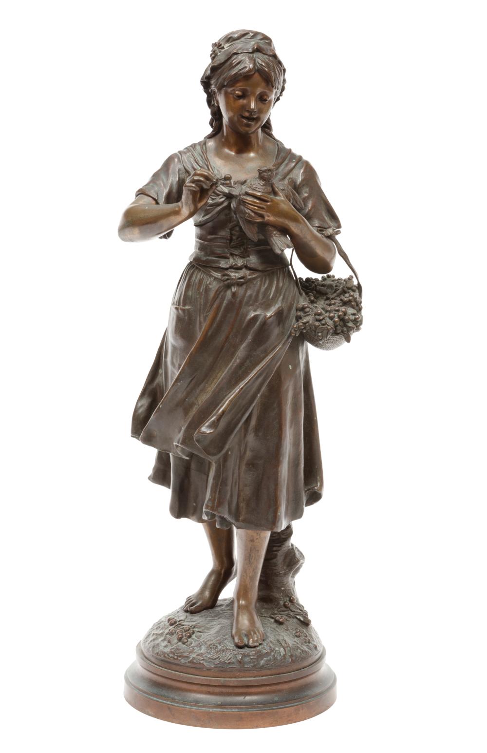 Appraisal: French Bronze Figure of a Woman Feeding a Dove signed