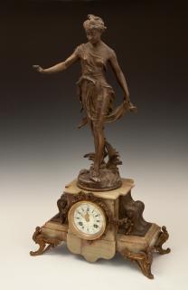 Appraisal: Art Nouveau Patinated Spelter Figural Mantel Clock Art Nouveau Patinated