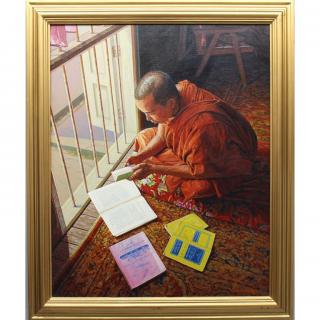 Appraisal: th C Signed Tibetan Seated Monk Oil on Canvas Sight