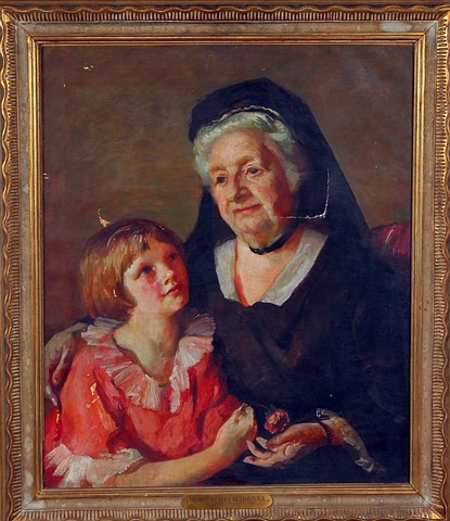 Appraisal: Elderly woman and child oil on canvas x tear in