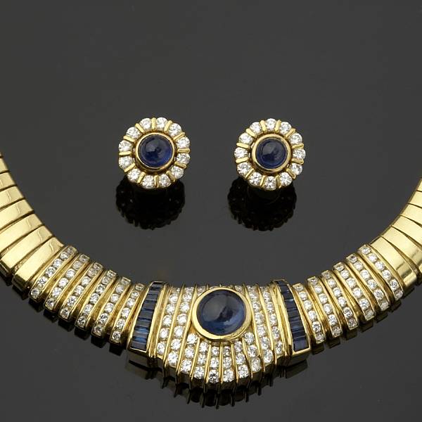 Appraisal: A set of diamond and sapphire jewelry including a necklace