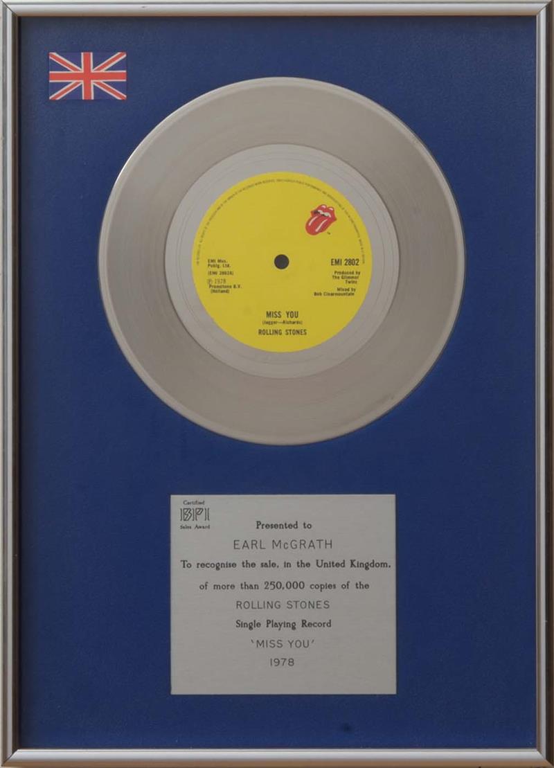 Appraisal: ROLLING STONES GOLD RECORD AWARD BPI AWARD PRESENTED TO EARL