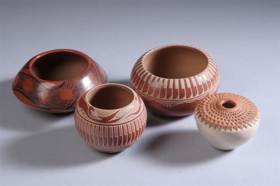 Appraisal: FOUR PIECES OF NATIVE AMERICAN POTTERY One red clay bowl