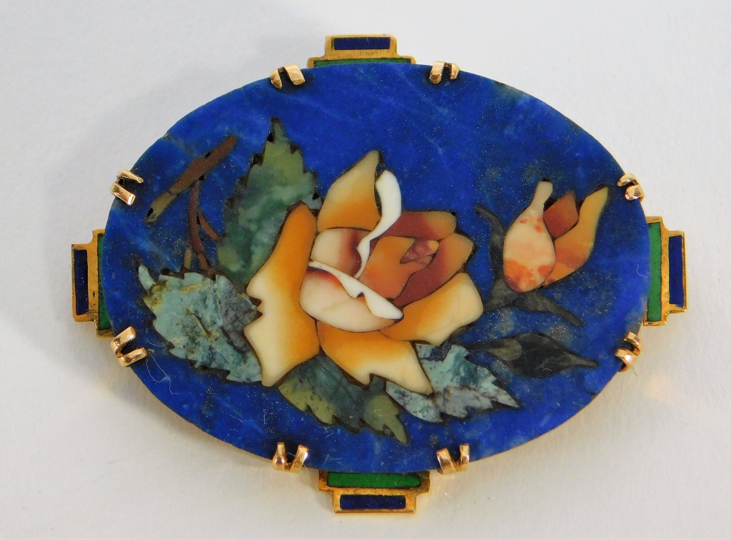 Appraisal: LADY'S K GOLD LAPIS LAZULI PIETRA DURA BROOCH Italy th