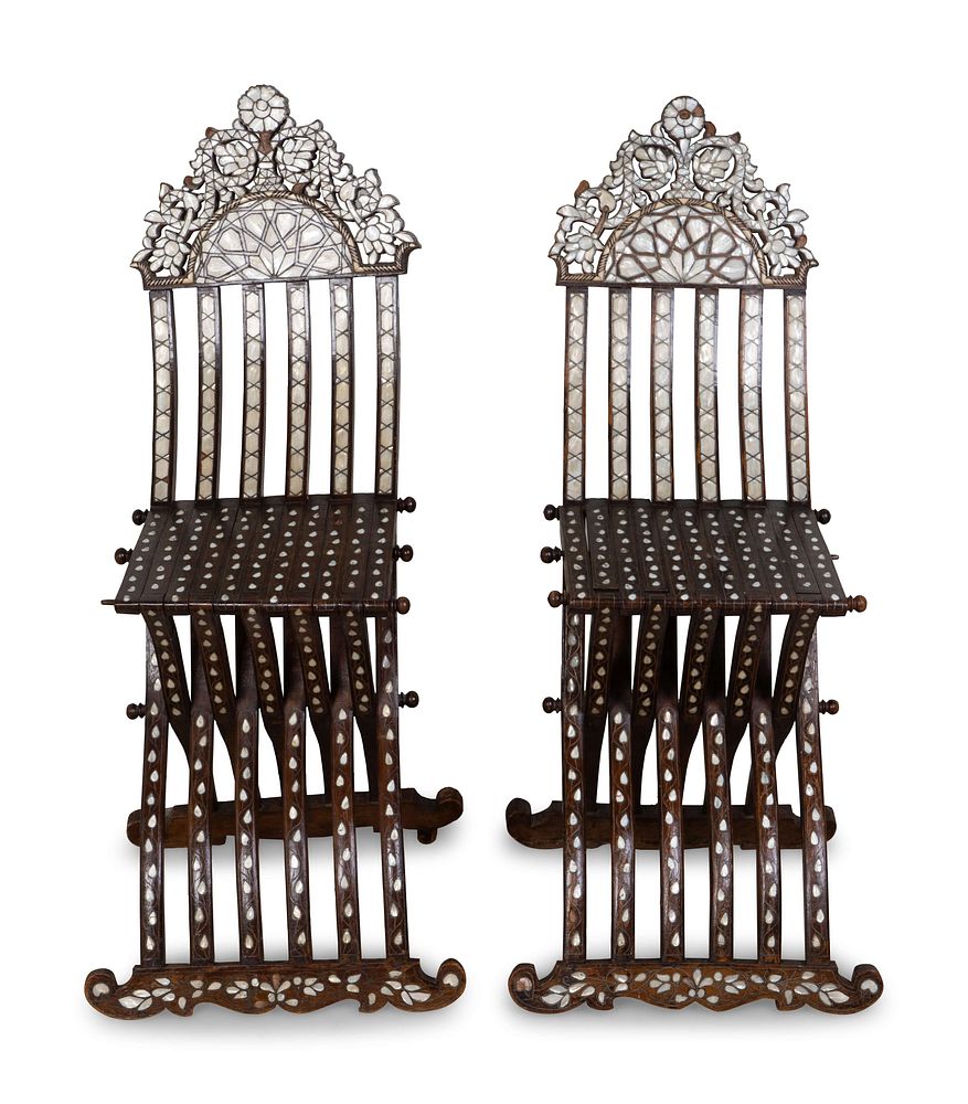 Appraisal: A Pair of Syrian Mother-of-Pearl-Inlaid X-Form Folding Chairs Height x