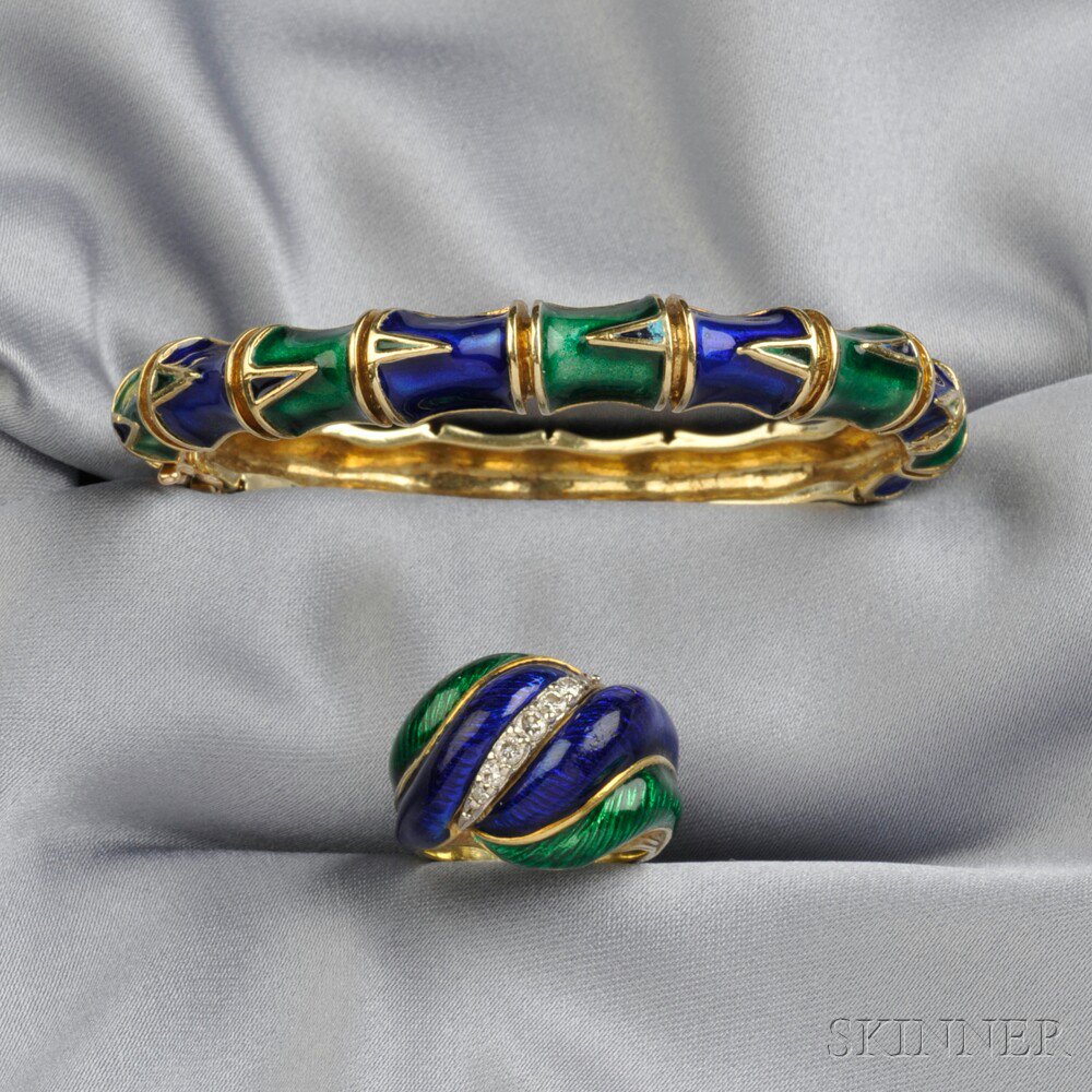 Appraisal: Enamel Bracelet and Ring a kt gold hinged bangle of