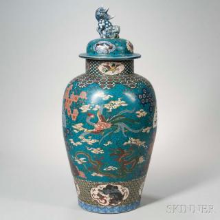 Appraisal: Large Cloisonne on Porcelain Covered Jar Large Cloisonne on Porcelain