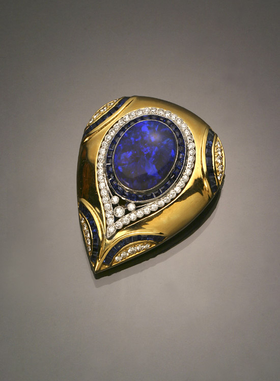 Appraisal: Tested -Karat Yellow-Gold Platinum Black Opal Diamond and Blue Sapphire