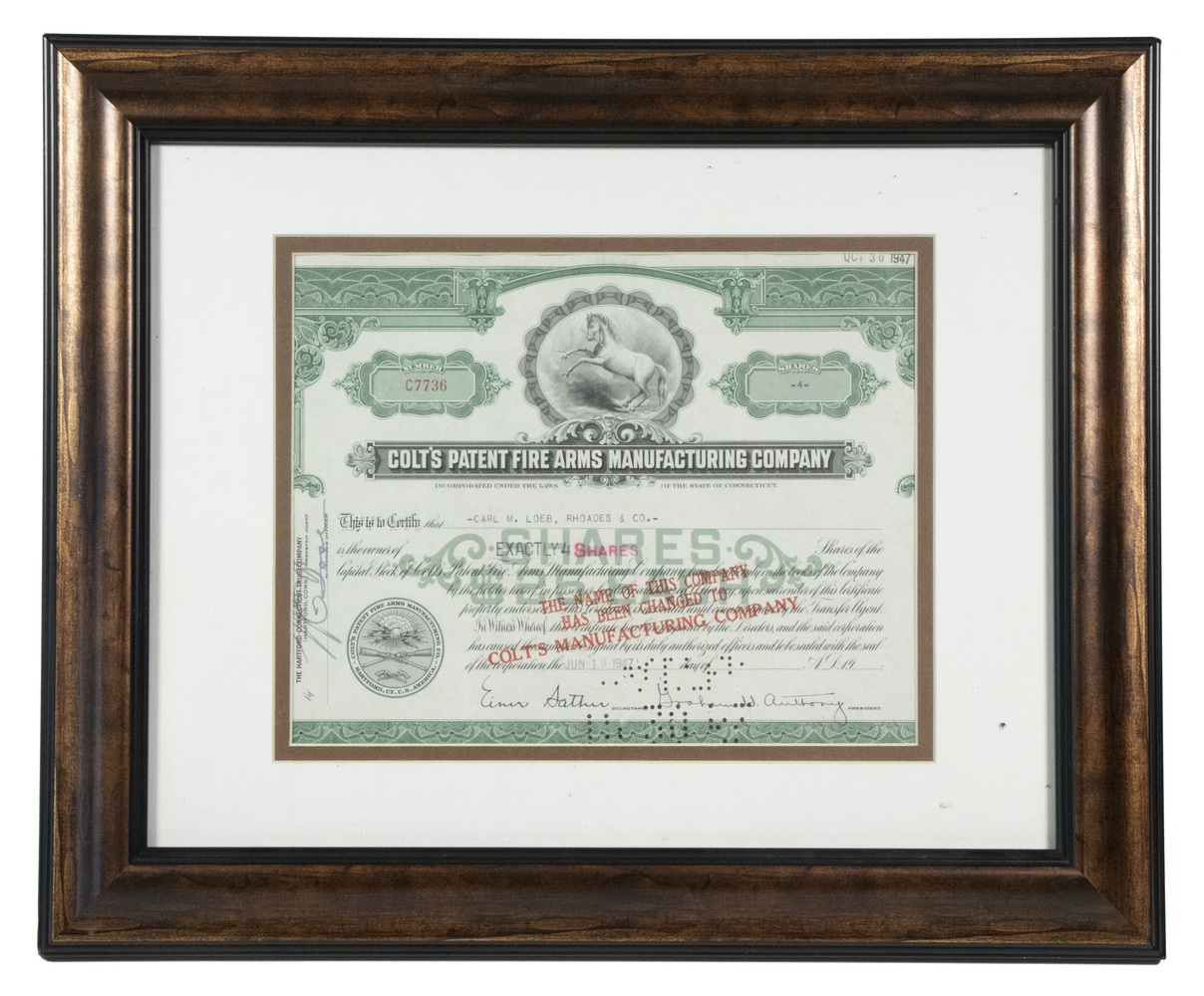 Appraisal: COLT FIREARMS CO STOCK CERTIFICATE FRAMED s n C with