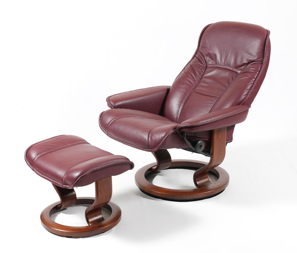 Appraisal: EKORNES BURGUNDY STRESSLESS CHAIR AND OTTOMAN Burgundy leather lounge chair