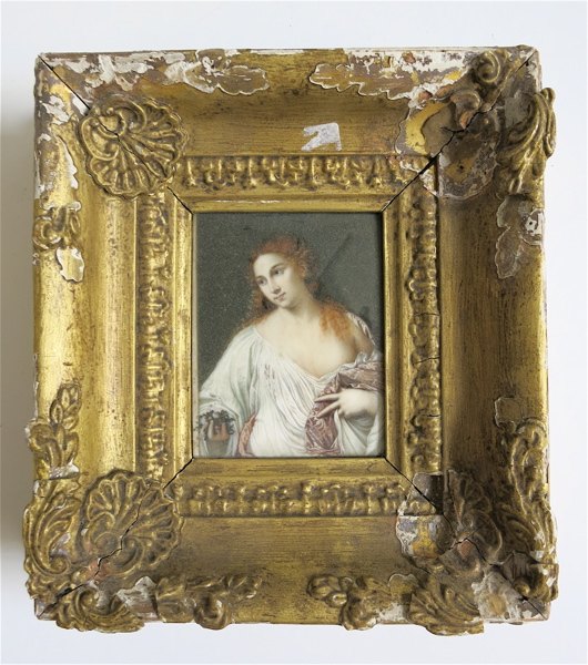 Appraisal: FRAMED HAND PAINTED PORTRAIT MINIATURE copy of a Classical Revival