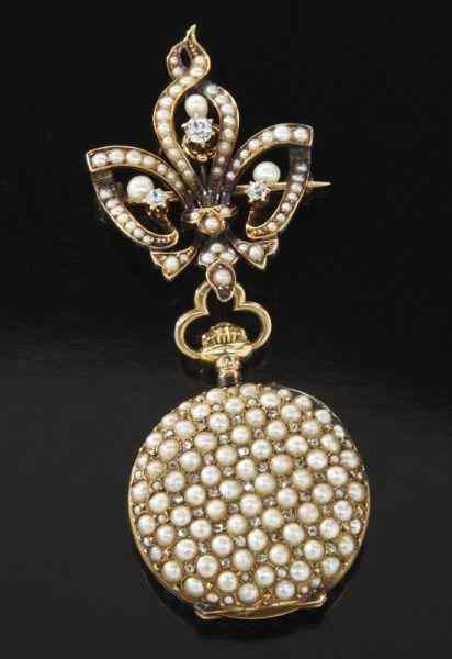 Appraisal: Edwardian K gold diamond and pearl brooch watchhaving a seven