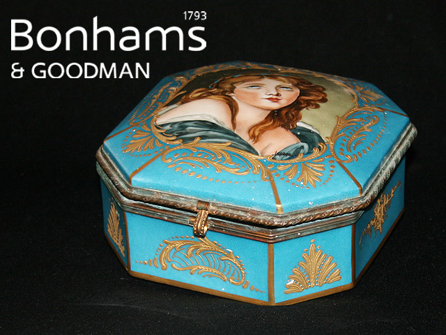 Appraisal: A Sevres style hexagonal casket and domed hinged cover painted